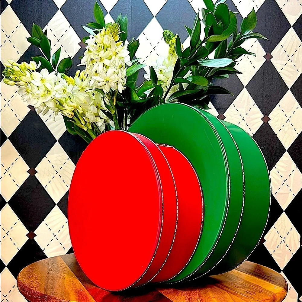 Nesting‎ Leather Boxes Set of 2 – Red & Green – Cylindrical Storage - Large
